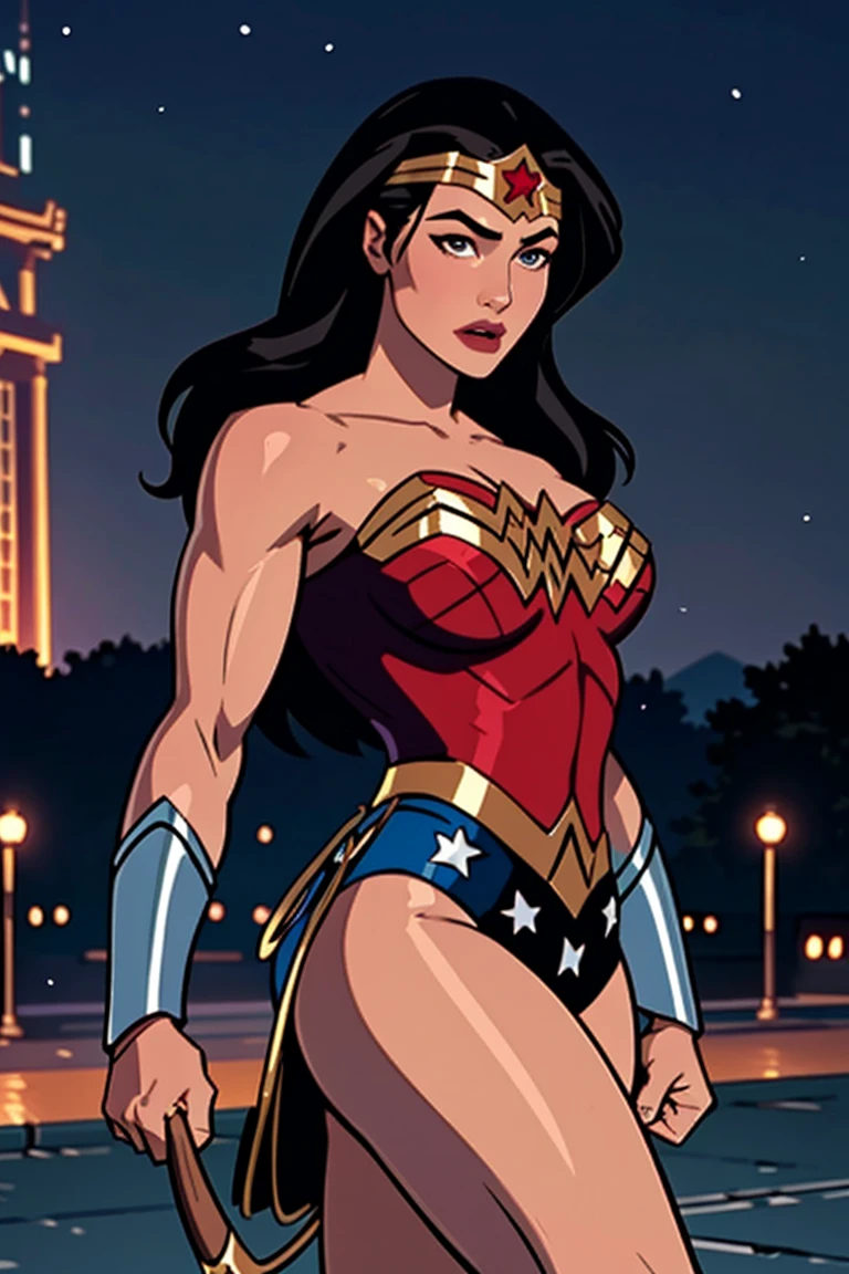 ((highest quality)), ((masterpiece)), (be familiar with), (High definition), (Realistic), (Realistic), (Best Shadow), Low contrast, (Complex:1.4), Side lighting, 8K, ((Denisee Milani)), ((Wonder Woman)), Perfect Face、Detailed、(Accurate hand and finger depiction)、wonder woman、Jet-black.hair、Voluptuous body、big breasts、Narrow waist、Big Ass、Alluring、glamorous、((doing a high kick:1.4))、Tokyo Tower、Night view