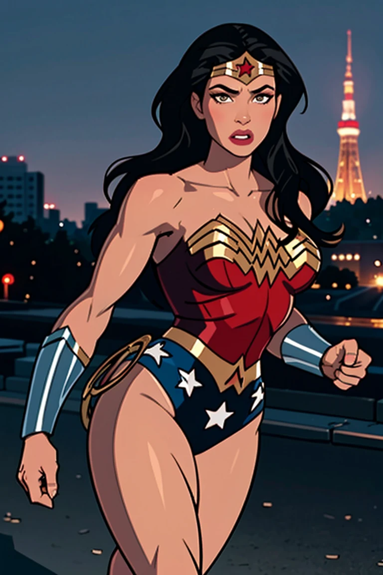 ((highest quality)), ((masterpiece)), (be familiar with), (High definition), (Realistic), (Realistic), (Best Shadow), Low contrast, (Complex:1.4), Side lighting, 8K, ((Denisee Milani)), ((Wonder Woman)), Perfect Face、Detailed、(Accurate hand and finger depiction)、wonder woman、Jet-black.hair、Voluptuous body、big breasts、Narrow waist、Big Ass、Alluring、glamorous、((doing a high kick:1.4))、Tokyo Tower、Night view
