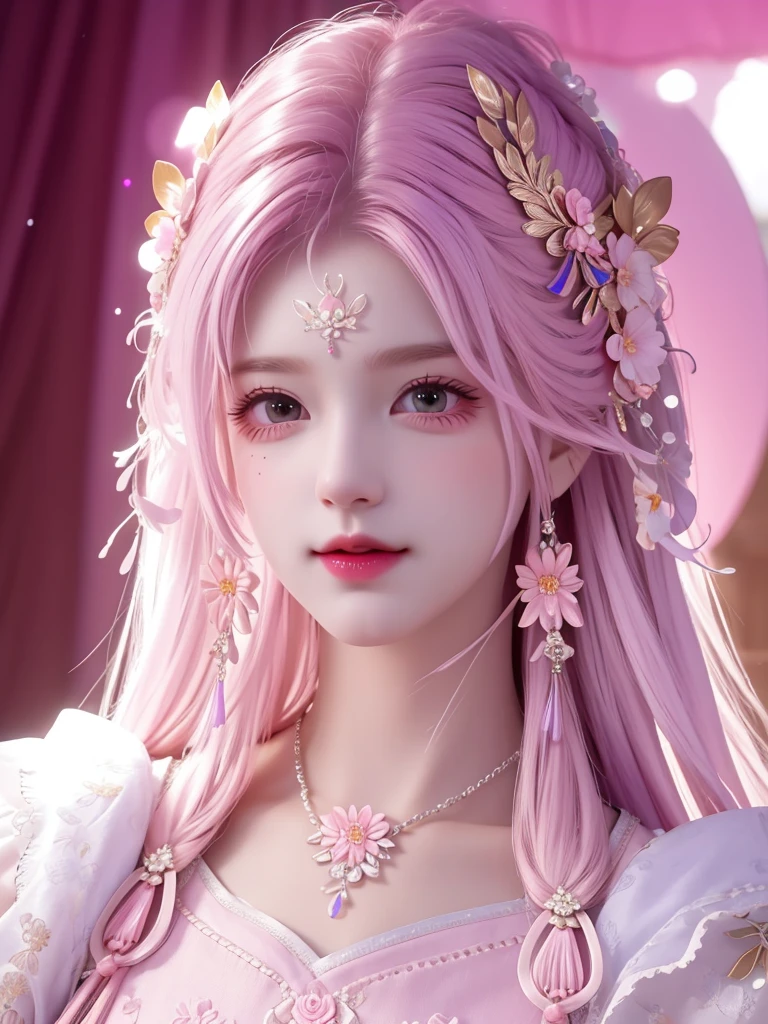 best quality, masterpiece, High target, There is a girl with a basket of flowers on her head, beautiful clothes, Hair Decorationss, necklace, Decorations, Pretty Face, When the body, Tyndall effect, Realistic Portraits, Edge lighting, Two-color light, (Very delicate skin:1.2), 8K uhd, Digital SLR Camera, Soft Light, high quality, Volumetric Lighting, Honest, photo, high resolution, 4K, 8K, Bokeh, Pink hair，Purple hair tips, Pink Eyes.