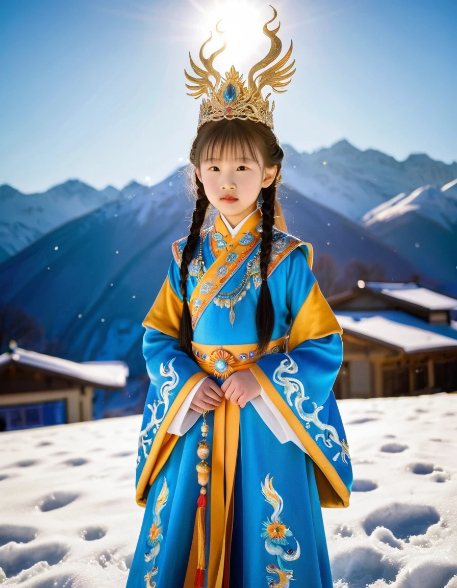 Surreal photography, a beautiful 8-year-old Chinese girl, full body, standing on the Alps, in the vast snow, wearing gorgeous Chinese clothes, blue clothes embroidered with phoenix, wearing a phoenix crown, holding a sceptic, golden sunshine shining on the body, there is a rising sun shining on the snow mountain, HD, sacred and solemn, quiet front looking at the camera,xianxia,guofeng