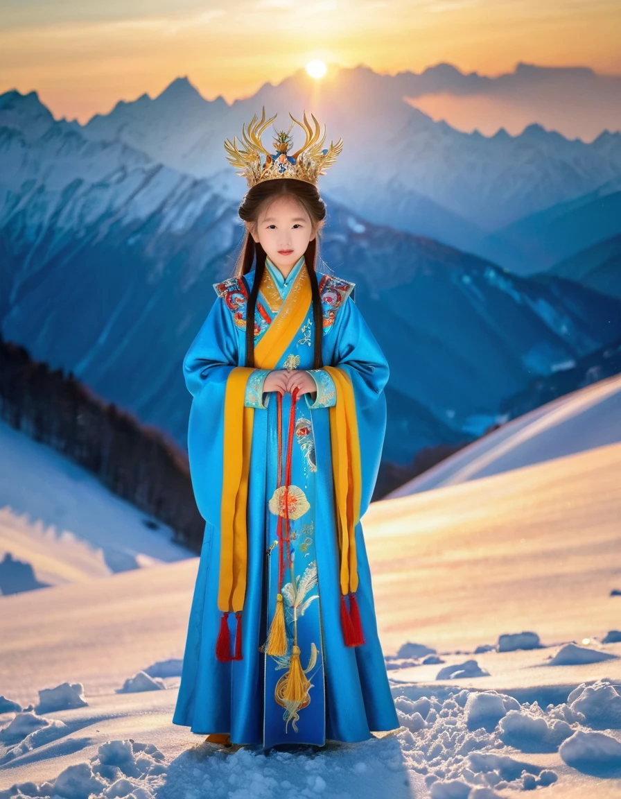 Surreal photography, a beautiful 8-year-old Chinese girl, full body, standing on the Alps, in the vast snow, wearing gorgeous Chinese clothes, blue clothes embroidered with phoenix, wearing a phoenix crown, holding a sceptic, golden sunshine shining on the body, there is a rising sun shining on the snow mountain, HD, sacred and solemn, quiet front looking at the camera,xianxia,guofeng