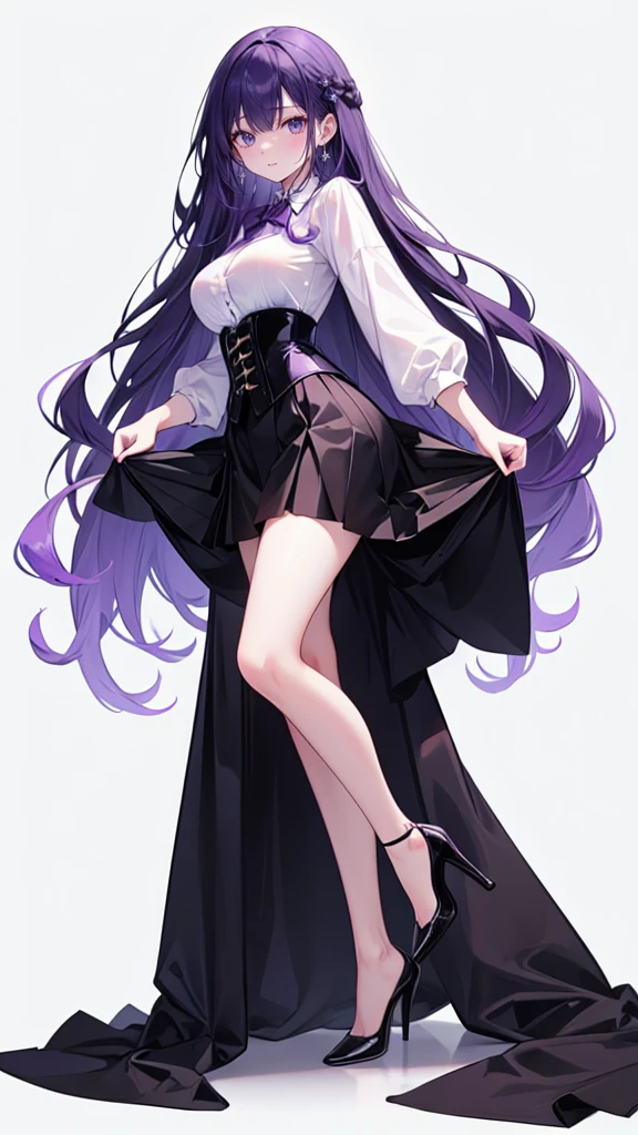 Purple Hair,Super long hair with volume,Adult female,(suit),White Y-shirt,((Rolling up his sleeves)),(corset),(Black skirt),(skirt),(High heels)((Simple white background)),smile,((whole body)),((full body)),