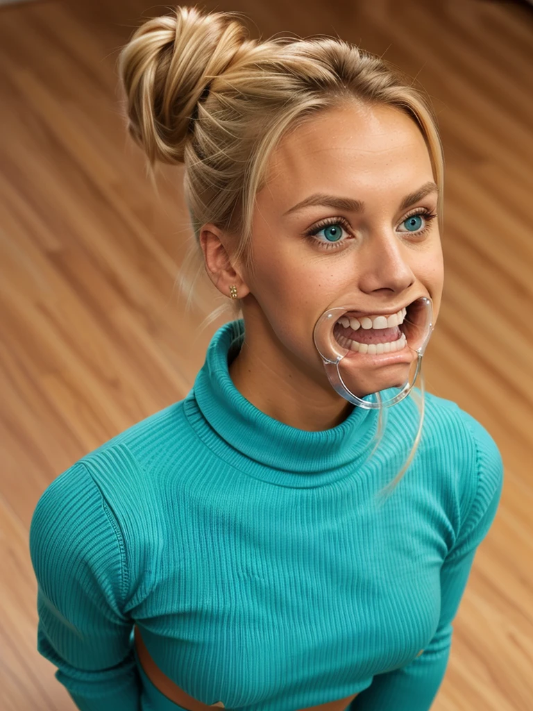 photo of a skinny blonde teen submissive wife messy long hair thrown into a messy bun ponytail. She wears: (turtleneck high ribbed turquoise tight sweater:1.1), submissive seductive pose, high tight ribbed neck, mouth retractor gag,