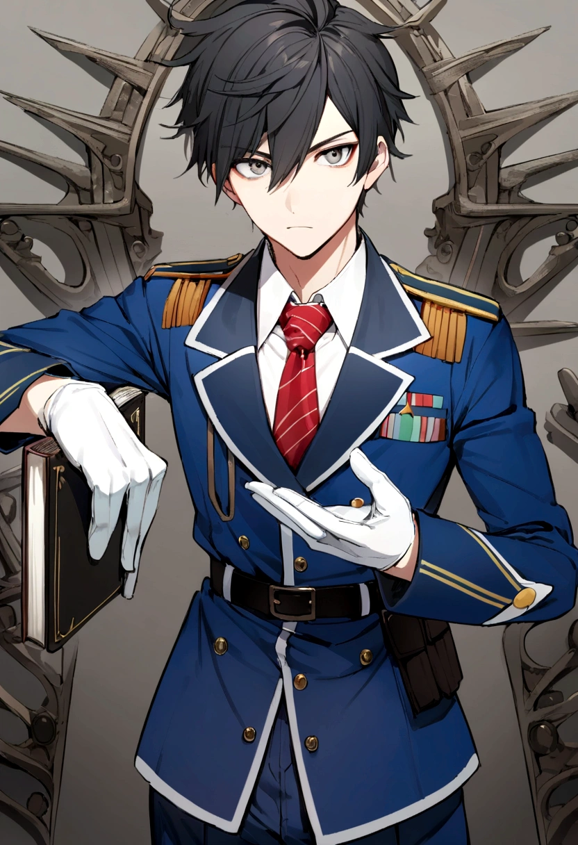 1male, looks like teen, 6,1 tall, military uniform, blue uniform ,dark blue blazer, red tie, holding a book, Messy Black Hair with white stripes, using hand gloves, gray eyes