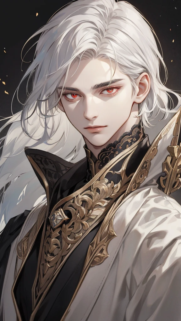 (extreamly delicate and beautiful:1.2), 8K,(шедевр:1.0),(best_quality:1.0), 1boy, and intricate detailing, Enlarged textures, and intricate detailing, finely eye and detailed face, and intricate detailing, shiraga, (closed mouths),long white hair, Perfect eyes, red eyes, Equal eyes, (A male god)