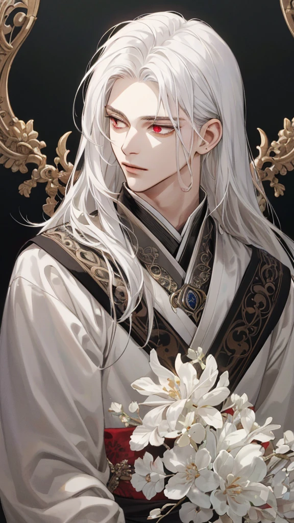 (extreamly delicate and beautiful:1.2), 8K,(шедевр:1.0),(best_quality:1.0), 1boy, and intricate detailing, Enlarged textures, and intricate detailing, finely eye and detailed face, and intricate detailing, shiraga, (closed mouths),long white hair, Perfect eyes, red eyes, Equal eyes, (A male god)