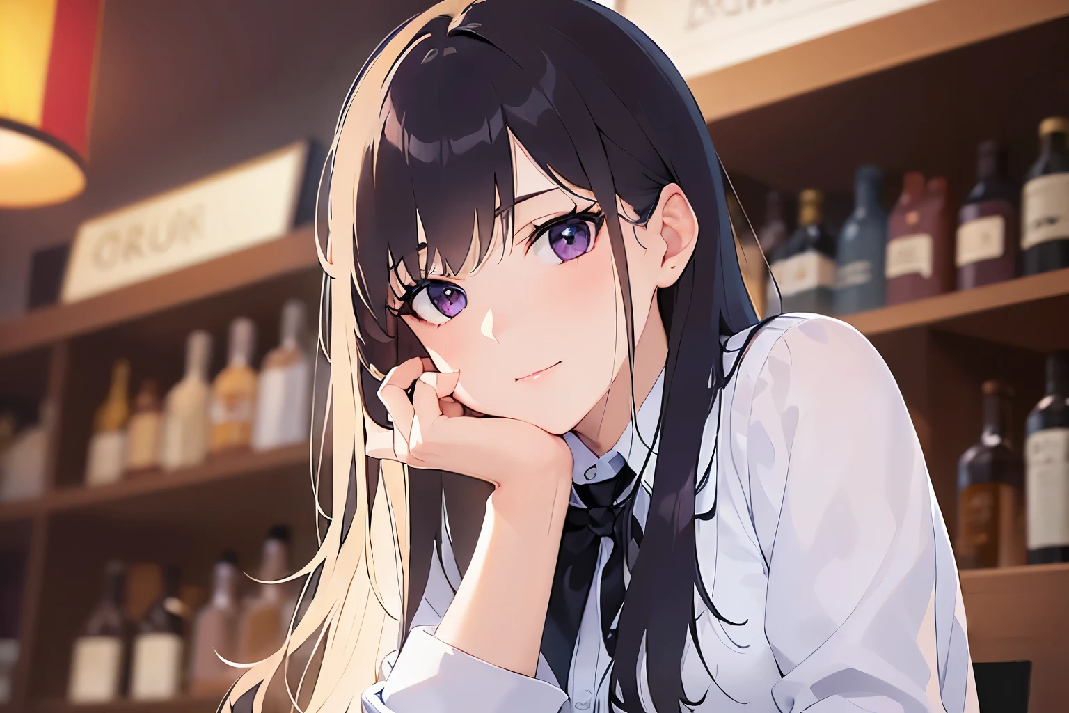 Detailed CG, Ultra-fine illustrations,masterpiece,highest quality, AW Photos,Realistic,BREAK(white collared shirt:1.5)BREAK,(Pale skin:1.2),Shiny skin Shiny Hair,(A 26-year-old woman with straight hair and bangs)and(Medium Hair)and(Black Hair)and(Purple eyes),(light smile)and(blush)and(upturned eyes),(hands on own chin:1.5)and(Biologically correct5Fingesurprised),Night bar in the background,alone