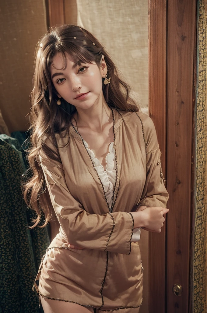 ((Pretty lady MoonLay:1.3))((Thin_fabric:1.4))((I'm working:1.3))((big breasts:1.2))((Close-up:1.2)) highest quality、muste piece、ultra high resolution、(photorealistic:1.4)、Raw photo、(real skin texture:1.3)、(film grain:1.3)、panorama、character portrait、Very wide shot、narrow waist、cowboy shot、(in the dark、deep shadow、low key、cold light、)night、((loosely wavy hair:1.2))、Streaming Tears、、Dust、Tyndall effect、(expression)、1 girl in、beautiful detailed eyes and face、white jabot、brown eyes、((brown super long hair:1.2)) (smile:1.3))、(stewardess、flight attendant uniform、tight mini skirt、white、(inside a private jet、indoor、super detailed background:1.2)、((a shy smile:1.3))、((gold necklace_large earrings:1.2)),
