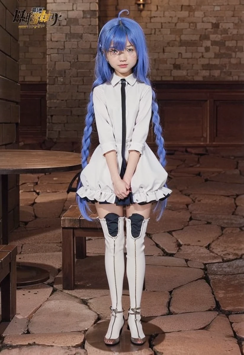 Blue hair girl,white dress,white stocking, cute 