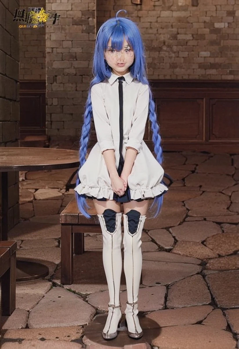 Blue hair girl,white dress,white stocking, cute 