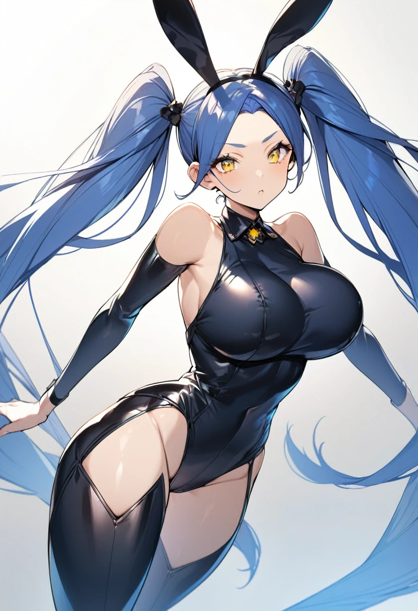 (One very tall woman,Navy Blue Hair,Her hairstyle is twin tails that expose her forehead., yellow eyes,Dynamic Angle)All-black bunny outfit,