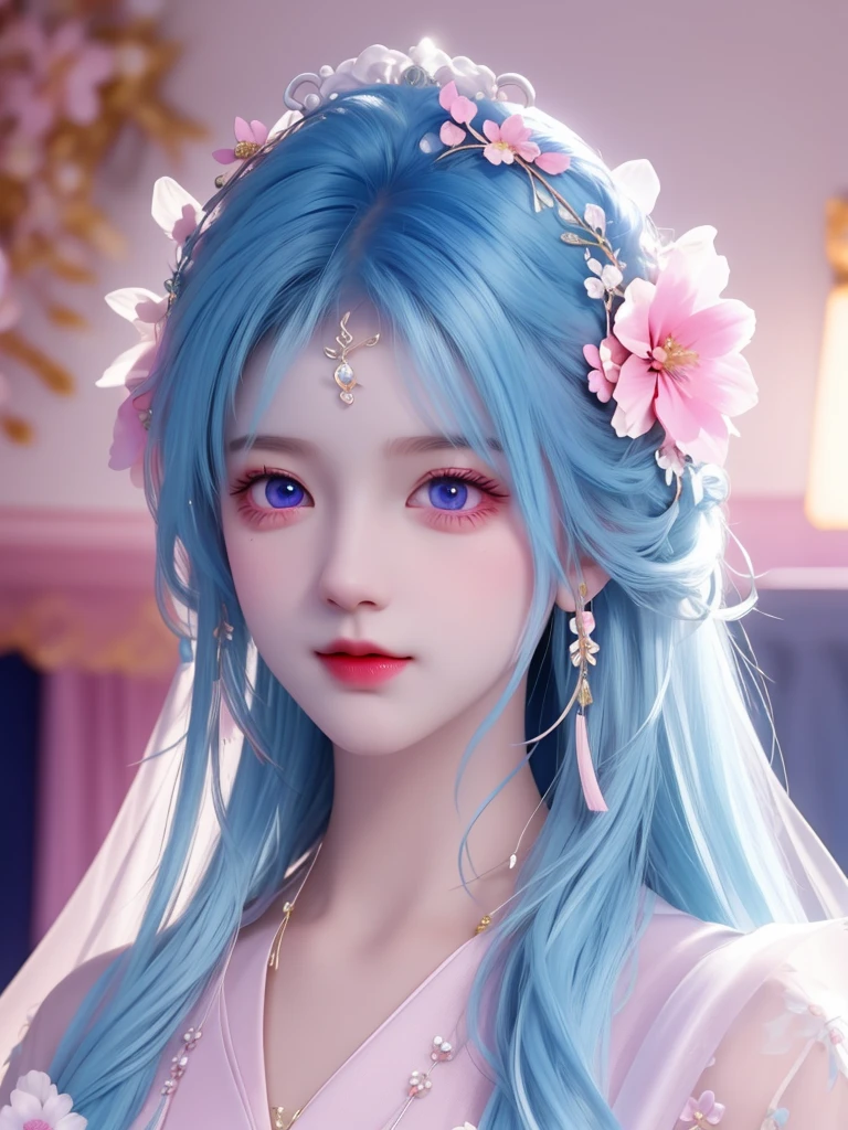 best quality, masterpiece, High target, There is a girl with a basket of flowers on her head, beautiful clothes, Hair Decorationss, necklace, Decorations, Pretty Face, When the body, Tyndall effect, Realistic Portraits, Edge lighting, Two-color light, (Very delicate skin:1.2), 8K uhd, Digital SLR Camera, Soft Light, high quality, Volumetric Lighting, Honest, photo, high resolution, 4K, 8K, Bokeh, Blue hair，purple hair ends, Pink Eyes.