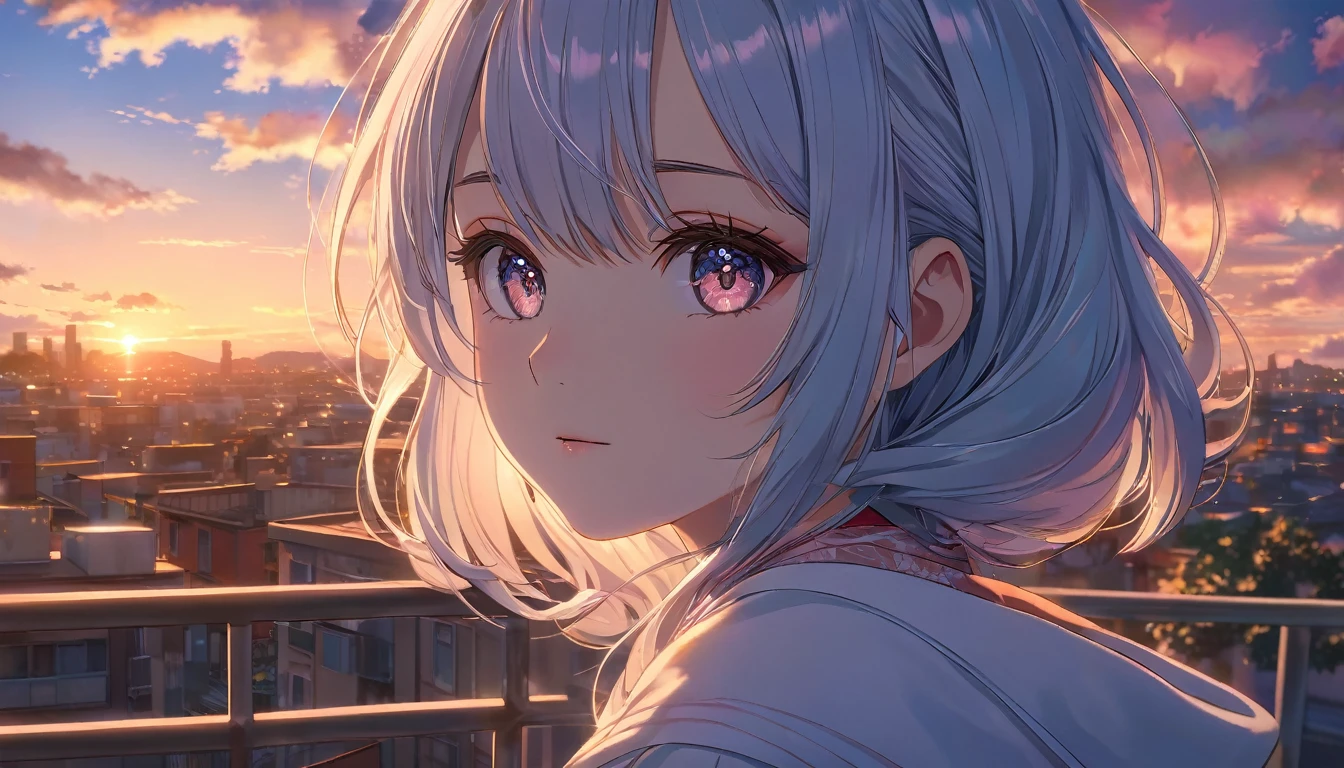 detailed anime girl in a peaceful urban city at dusk, fluffy clouds in the sky, serene atmosphere, soft lighting, warm colors, intricate details, 1girl,  extremely detailed face, long eyelashes, photorealistic, 8k, highly detailed, masterpiece, cinematic lighting, dramatic lighting, vibrant colors, ethereal, dreamlike, tranquil, calming, relaxing
