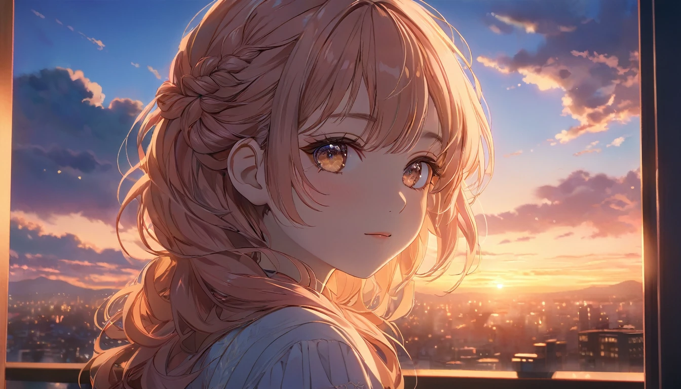 detailed anime girl in a peaceful urban city at dusk, fluffy clouds in the sky, serene atmosphere, soft lighting, warm colors, intricate details, 1girl, extremely detailed face, long eyelashes, photorealistic, 8k, highly detailed, masterpiece, cinematic lighting, dramatic lighting, vibrant colors, ethereal, dreamlike, tranquil, calming, relaxing