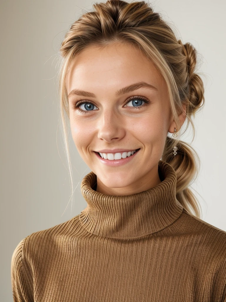 photo of a skinny blonde teen  wife messy long hair thrown into a messy bun ponytail. She wears: (turtleneck high ribbed bright tight brown sweater:1.1),   pose, high tight ribbed neck,  smile, perfect fake tits, turtleneck top