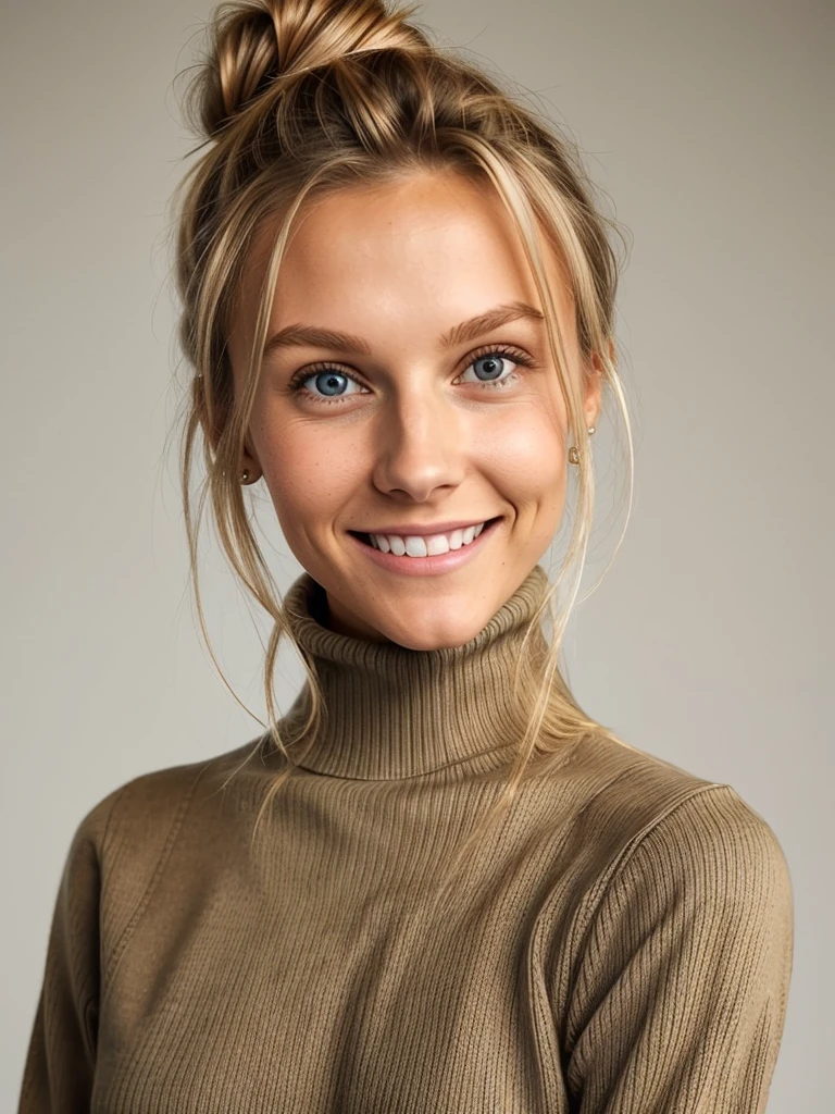photo of a skinny blonde teen wife messy long hair thrown into a messy bun ponytail. She wears: (turtleneck high ribbed bright tight brown sweater:1.1), pose, high tight ribbed neck, smile, perfect fake , turtleneck top