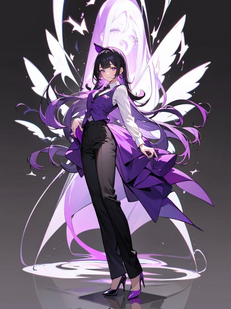 purple,High cut layered hair,woman,bartender,vest,shirt,tie,pants,high heels,all,simple background,smile,whole body,full body,full body,Standing picture,vtuber,upright,,look forward to,body facing forward
