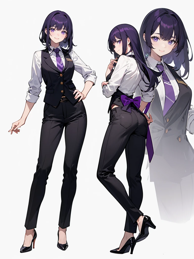 purple,High cut layered hair,woman,bartender,vest,shirt,tie,pants,high heels,all,simple background,smile,whole body,full body,full body,Standing picture,vtuber,upright,,look forward to,body facing forward