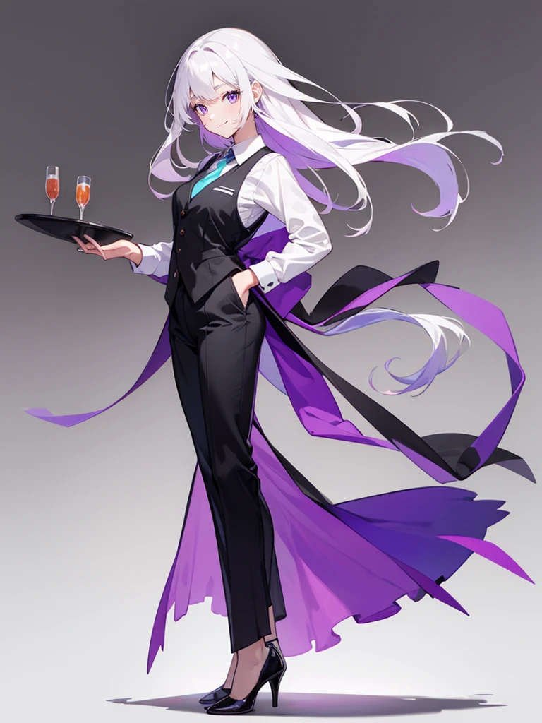purple,High cut layered hair,woman,bartender,vest,shirt,tie,pants,high heels,all,simple background,smile,whole body,full body,full body,Standing picture,vtuber,upright,,look forward to,