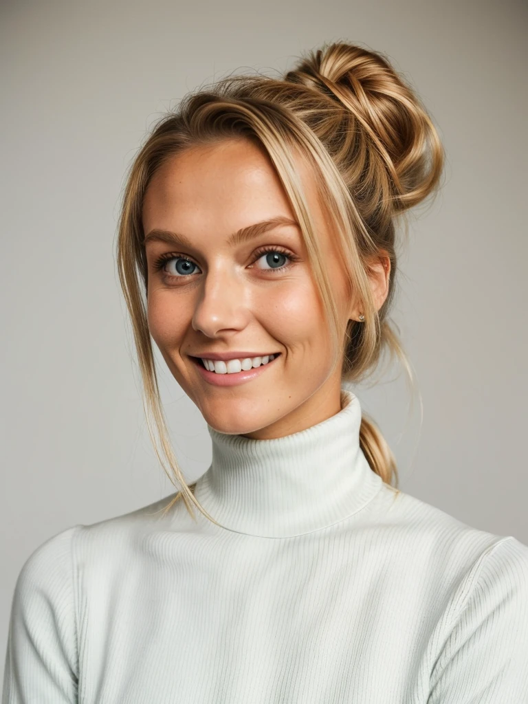 photo of a skinny blonde teen wife messy long hair thrown into a messy bun ponytail. She wears: (turtleneck high ribbed bright tight sweater:1.1), pose, high tight ribbed neck, smile, perfect fake , turtleneck top