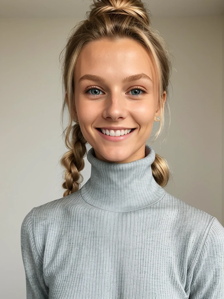 photo of a skinny blonde teen submissive wife messy long hair thrown into a messy bun ponytail. She wears: (turtleneck high ribbed bright tight sweater:1.1), submissive seductive pose, high tight ribbed neck, seductive smile, perfect fake tits, turtleneck top