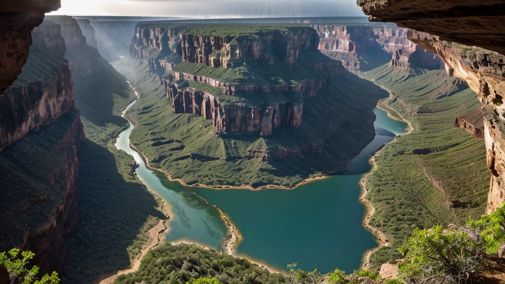 Photorealistic image taken with a Fuji X-T5, showing a breathtaking birds-eye view of a grand canyon-like ravine captured from a high-altitude drone during a dramatic sunset. The weather is very dark, cloudy, rainy, and foggy, with sun beams breaking through the clouds creating beautiful lens flares. The canyon features deep, rugged cliffs with jagged edges and lush, verdant foliage clinging to its sides. A turquoise river winds through the bottom of the canyon, with waterfalls cascading down the cliffs, adding to the ethereal atmosphere. Mist rises from the canyon floor, blending with the fog, creating a mystical, summer fever dream effect. The scene includes a vibrant, surreal tone, with the digital screen glitching subtly to enhance the dreamlike quality. The environment showcases aquatic cosmopolitan tropical foliage, including Ludwigia, Hornwort, and large green leaf plants, along with a verdant rainforest in the background. The image captures the dynamic transition from day to night, with the canyon shining brightly amidst the gloomy weather."