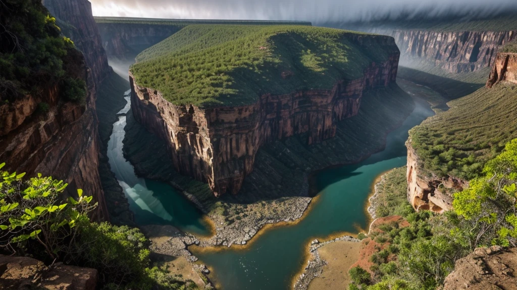 Photorealistic image taken with a Fuji X-T5, showing a breathtaking birds-eye view of a grand canyon-like ravine captured from a high-altitude drone during a dramatic sunset. The weather is very dark, cloudy, rainy, and foggy, with sun beams breaking through the clouds creating beautiful lens flares. The canyon features deep, rugged cliffs with jagged edges and lush, verdant foliage clinging to its sides. A turquoise river winds through the bottom of the canyon, with waterfalls cascading down the cliffs, adding to the ethereal atmosphere. Mist rises from the canyon floor, blending with the fog, creating a mystical, summer fever dream effect. The scene includes a vibrant, surreal tone, with the digital screen glitching subtly to enhance the dreamlike quality. The environment showcases aquatic cosmopolitan tropical foliage, including Ludwigia, Hornwort, and large green leaf plants, along with a verdant rainforest in the background. The image captures the dynamic transition from day to night, with the canyon shining brightly amidst the gloomy weather."