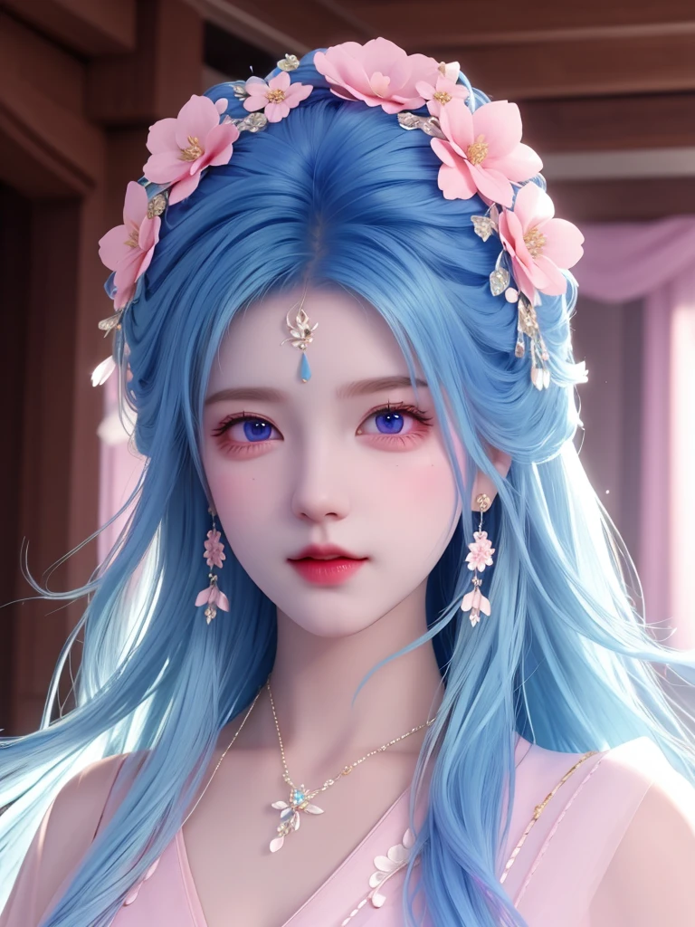 best quality, masterpiece, High target, There is a girl with a basket of flowers on her head, beautiful clothes, Hair Decorationss, necklace, Decorations, Pretty Face, When the body, Tyndall effect, Realistic Portraits, Edge lighting, Two-color light, (Very delicate skin:1.2), 8K uhd, Digital SLR Camera, Soft Light, high quality, Volumetric Lighting, Honest, photo, high resolution, 4K, 8K, Bokeh, Blue hair，purple hair ends, Pink Eyes.