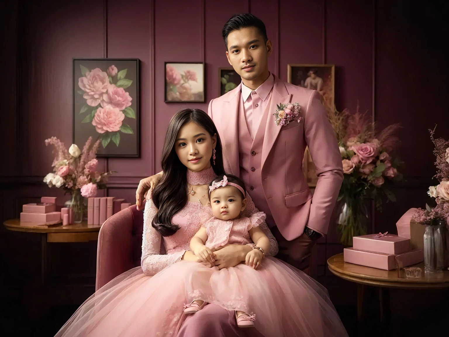 Studio Photography, close up, 3 peoples, Indonesian, a woman aged 25 years long haired holding one baby girl aged 6 months wearing cute headband and princess dress sits on recliner chair, standing beside them there's a man very short crew hair aged 33 years,  beside him there's all wearing exclusive pink sky suits and long dress in pink color, set in a studio with dark pink floral patterned walls, green flower vases, side tables, fresh color, 8k, photography, UHD.