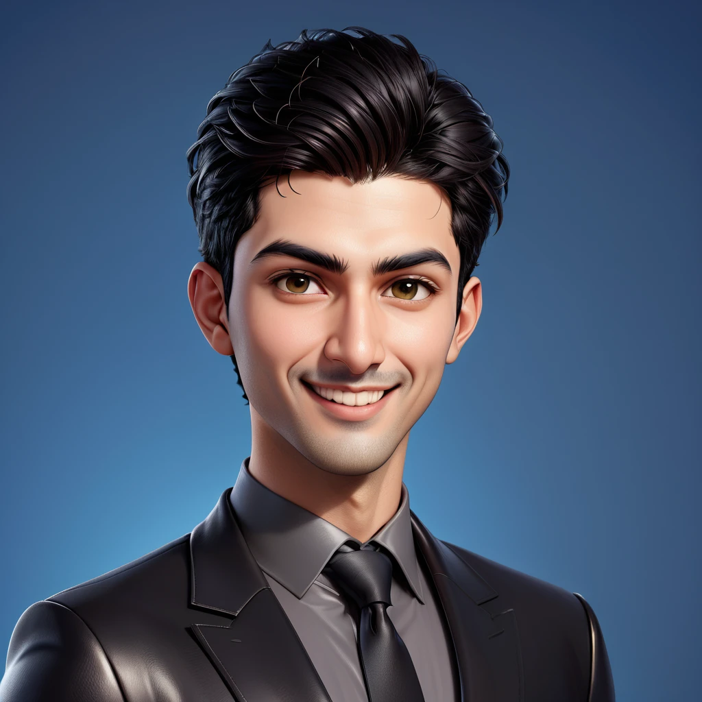 Create a full body portrait of cartoonish caricature 3D animation of a big-headed facing straight to the camera. a 25 years old Pakistani businessman. He has short black pixie cut hair. His face is oval with smooth lines, thick and neat black eyebrows, normal eyes, a small, sharp nose, and thin lips with a wide, friendly smile. He wore a black double breasted suit. Gradient blue background. masterpiece, top quality, highly detailed skin and face, ultra-realistic, high definition, sharp focus, Concept Art. Front facing, medium wide angle shot, in a office environment.