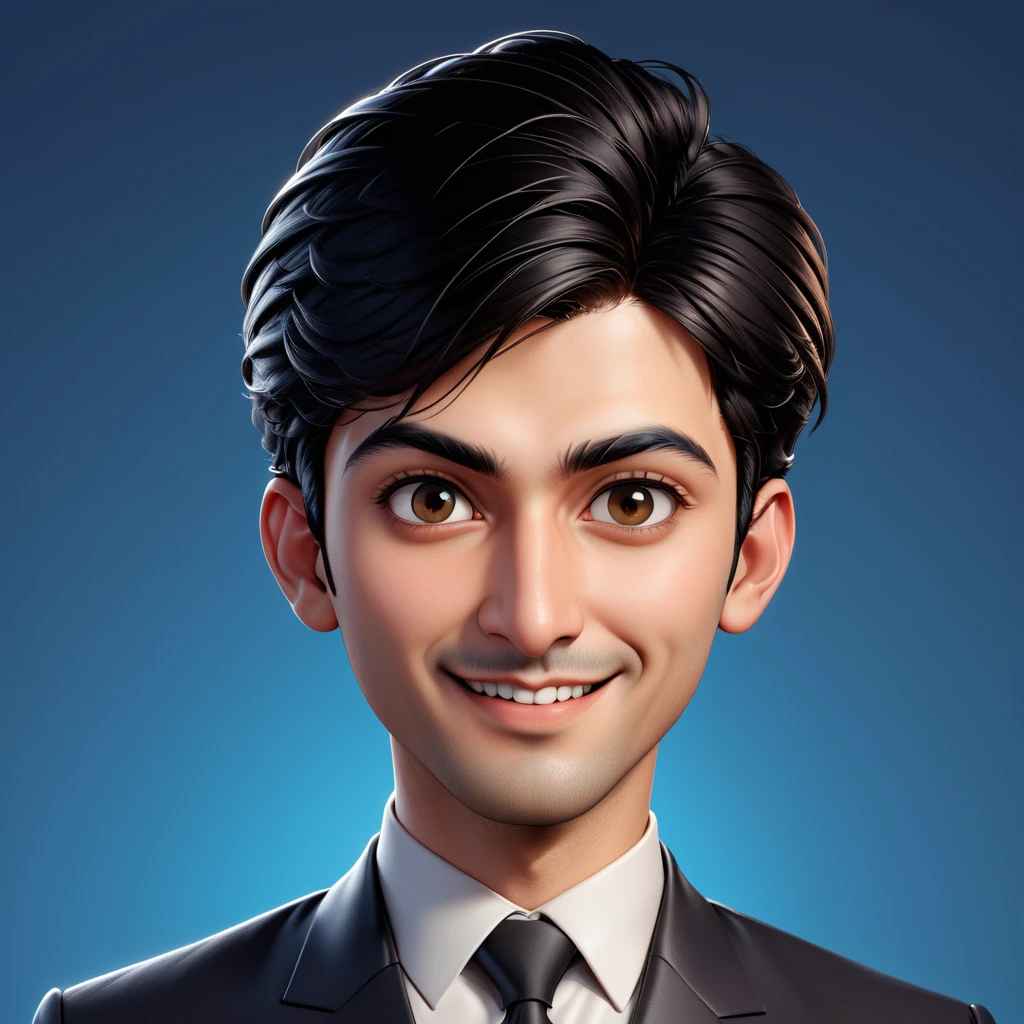 Create a full body portrait of cartoonish caricature 3D animation of a big-headed facing straight to the camera. a 25 years old Pakistani businessman. He has short black pixie cut hair. His face is oval with smooth lines, thick and neat black eyebrows, normal eyes, a small, sharp nose, and thin lips with a wide, friendly smile. He wore a black double breasted suit. Gradient blue background. masterpiece, top quality, highly detailed skin and face, ultra-realistic, high definition, sharp focus, Concept Art. Front facing, medium wide angle shot, in a office environment.