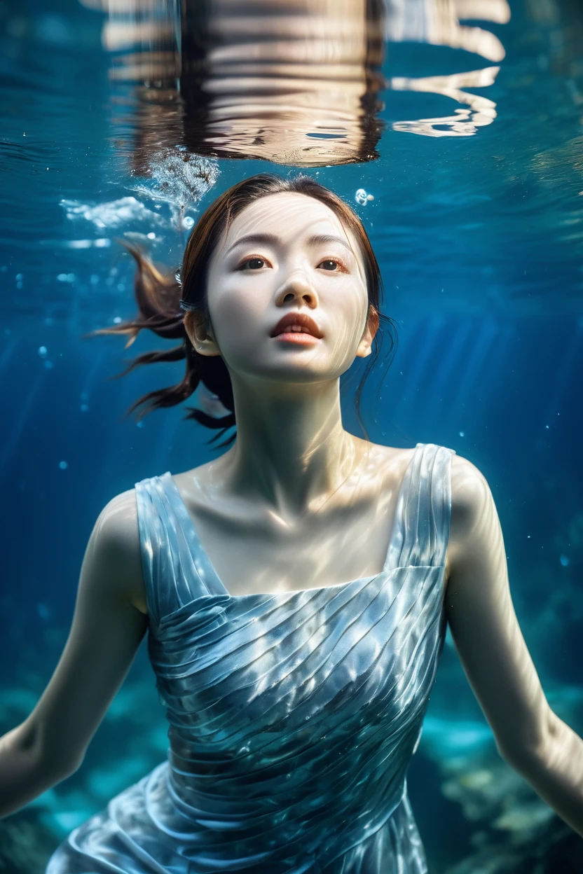 image of a beautiful asian young woman in silver dress submerged under the sea, pale skin tones, clear ripples and reflections, cool color palette with blues and whites, high-contrast lighting, young adult, realism photograph, inspired by zena holloway, best quality