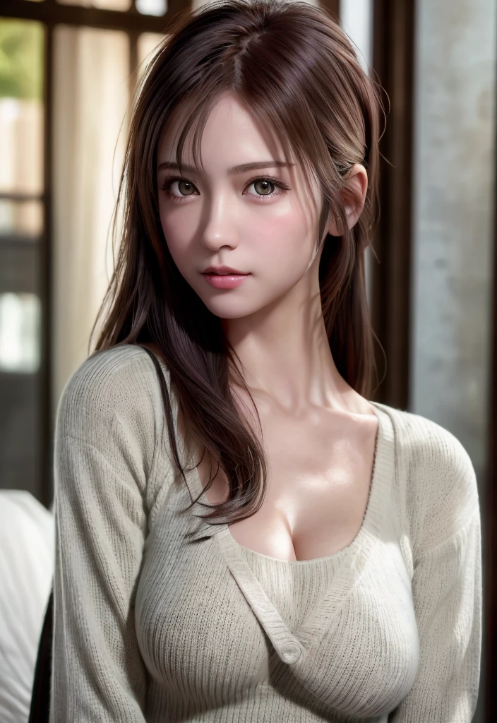 8K, of the highest quality, masutepiece:1.2), (Realistic, Photorealsitic:1.37), of the highest quality, masutepiece, Beautiful young woman, Pensive expression,、A charming、and an inviting look, Dobo dabo knitwear、cleavage of the breast, Hair tied back, Cinematic background, Light skin tone