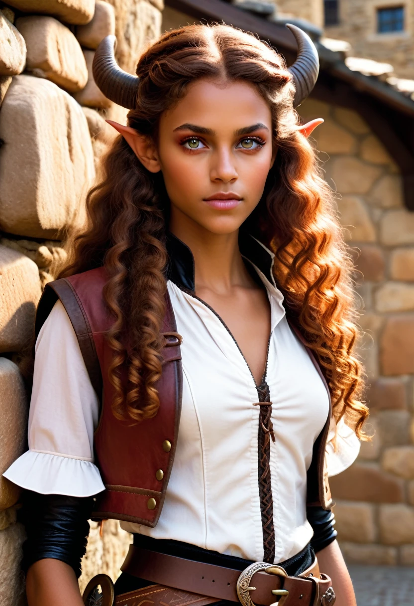 Realistic, detailed cowboy photo of a 19-year-old Tiefling girl with skin in a warm, tan, almost coppery color. You can see them down to the waist. (((Her eyes have amber irises and oval pupils))). She has long curly hair in various soft shades of red. She has two very small black horns. She has two very small and delicately pointed ears. She wears a white blouse under a leather vest and stands in front of a stone wall in a medieval city street..
In the background you can see parts of the city.