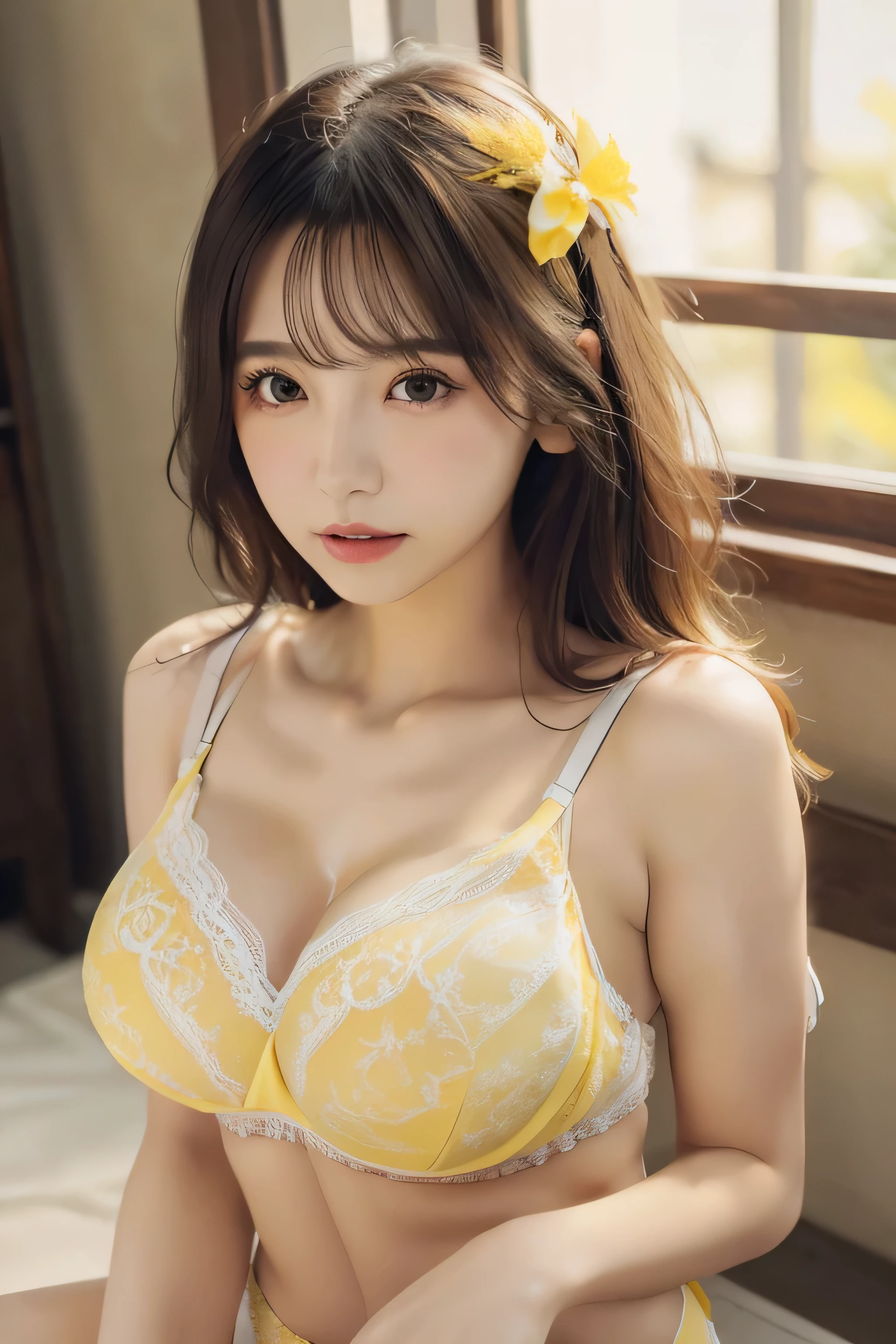 (Showing Large breasts:1.3)、Wearing makeup:1.3、Close-up of face:1.4、(((looking at the camera:1.4)))、{{masterpiece}}, {{highest quality}}, {{Very detailed}}, {{Large breasts}}, Cinematic Lighting,Beautiful and delicate shine, Dynamic Angle, Depth of written border, Light_leak, wonderful, Fine details, 4K, 8k,Japanese Idols , Dreamy look, Bright and warm tones, {Sexy pose}, (Large Breasts:1.5), (Slim Body:1.8), (White and yellow Lingerie Color:1.8), (black hair:1.2),