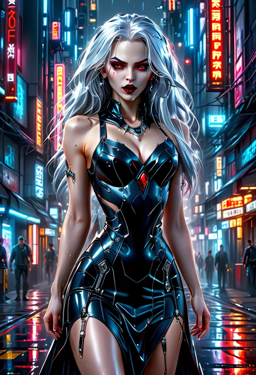 ((a photorealistic glamour shot of an exquisite, glamour mecha female vampire standing in a cyberpunk street: 1.5)), ((full body: 1.5)), ultra feminine, pale face, silver hair, long vibrant shiny hair, glamorous hair,  red eyes, miniatures mechanical , deep penetrating eyes, red lips, lustful lips, ((two visible vampiric fangs: 1.5), drops of blood dripping from the mouth, ((cyberpunk style: 1.5)), she wears (blue elegant glamour dress, with small delicate mechanical parts: 1.4), digital parts,  intricate details, the dress is studded with diamonds, tight suit, dynamic color, high heels, cyberpunk street at night background, (highest quality:1.2, Very detailed, up to date, Vibrant, Ultra-high resolution, High Contrast, masterpiece:1.2, highest quality, Best aesthetics), best details, best quality, highres, ultra wide angle, 16k, [ultra detailed], masterpiece, best quality, (extremely detailed), Genetically modified..., Cinematic Hollywood Film, nijimecha, liquid dress