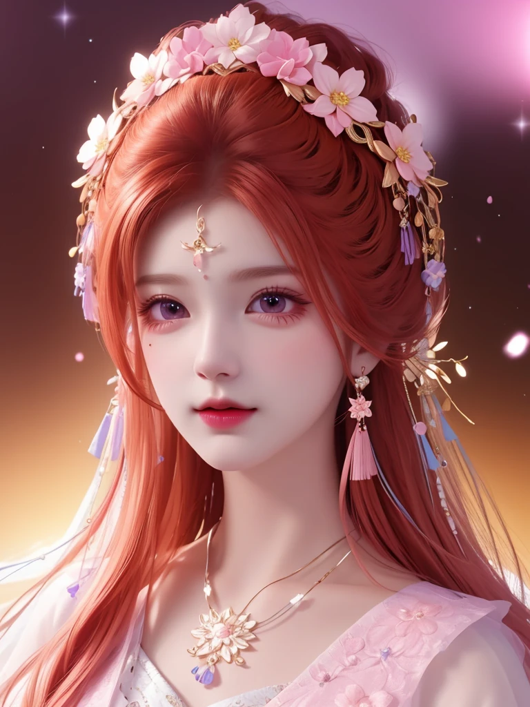 best quality, masterpiece, High target, There is a girl with a basket of flowers on her head, beautiful clothes, Hair Decorationss, necklace, Decorations, Pretty Face, When the body, Tyndall effect, Realistic Portraits, Edge lighting, Two-color light, (Very delicate skin:1.2), 8K uhd, Digital SLR Camera, Soft Light, high quality, Volumetric Lighting, Honest, photo, high resolution, 4K, 8K, Bokeh, Orange-red hair,purple hair ends, Pink Eyes.