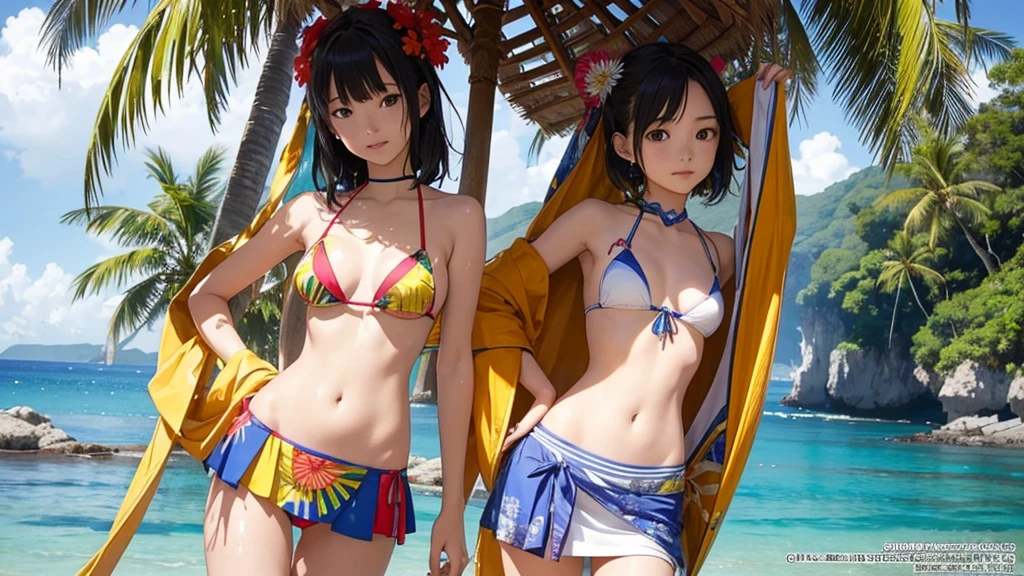 The background is the sea(Highest quality, masterpiece, High resolution)、(Anime Art)、 (reality)、Beautiful Japanese Women、(Two Women)、18-year-old、(Please put your hands on your hips)、(Detailed depiction of a beautiful face)、Smiling Kindly、Small breasts、Slim figure、Medium Short Hair、semi-long、Hair Bun、Wet 水着、bikini、モノキニbikini、A pareo skirt with bold ethnic patterns and plenty of primary colors、Realistic Skin、Wet、whole body、No zoom、No close-ups、Cinematic Light、Tropical colors、(Blank Background)、(White Background)、