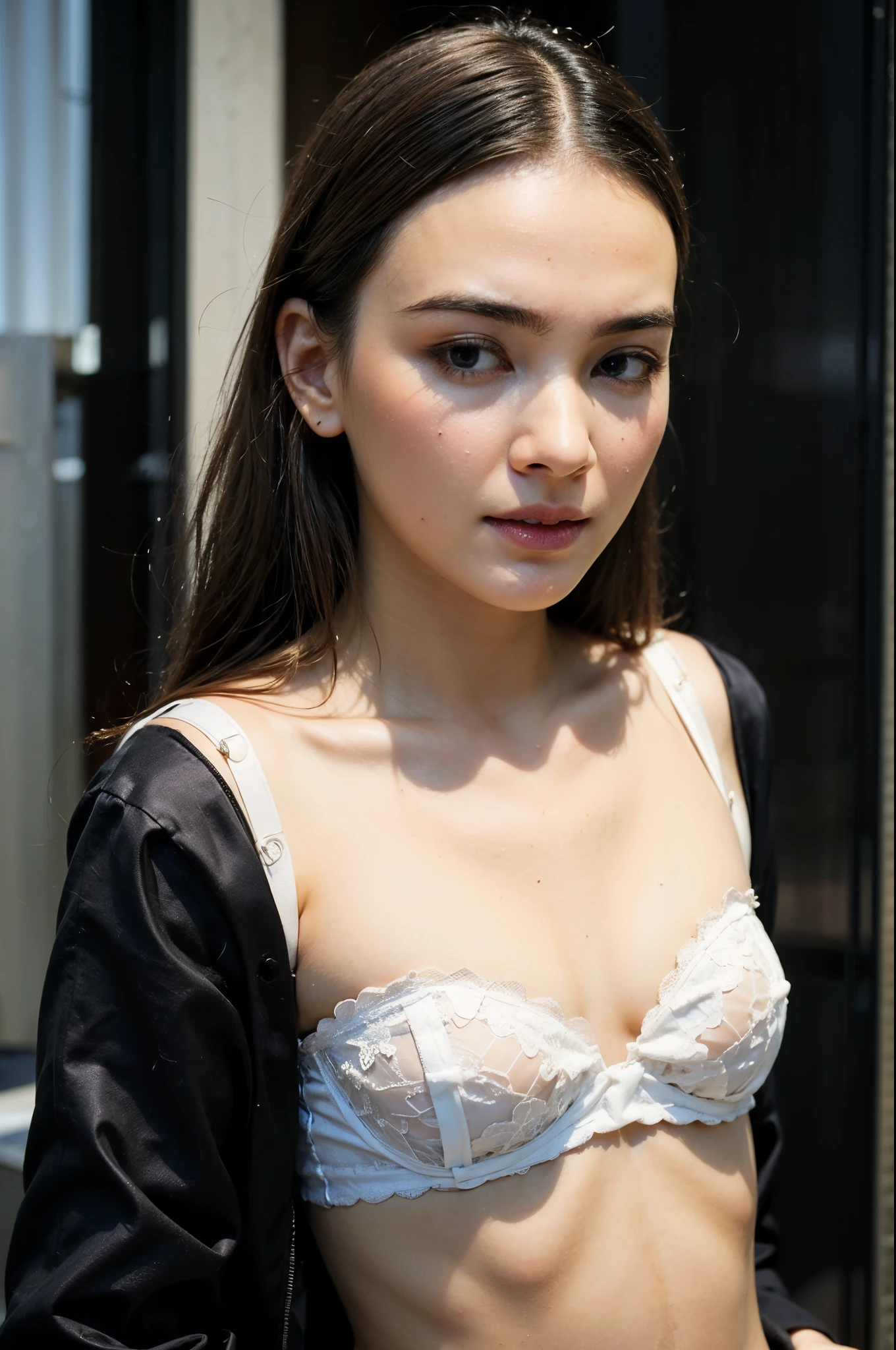 ((SATIN)), ((STRADDLING)), ((SHORT HAIRSTYLE)), ((Big Tits:0.6)), ((Flat Chest:1.6)), ((Closed Eyes)), ((Strapless White bra Flat Chest)), Naked, Angry pose, Angry face, masutepiece, High quality, UHD 45K, Realistic face, Realistic skin feeling , A Japanese Lady, , , Very cute and baby-like face, (((FLAT CHEST))), (MATRIX WORLD), ((look In front at the camera and SADNESS)), (((CUTE GIRL))), ((WHITE LIPS))