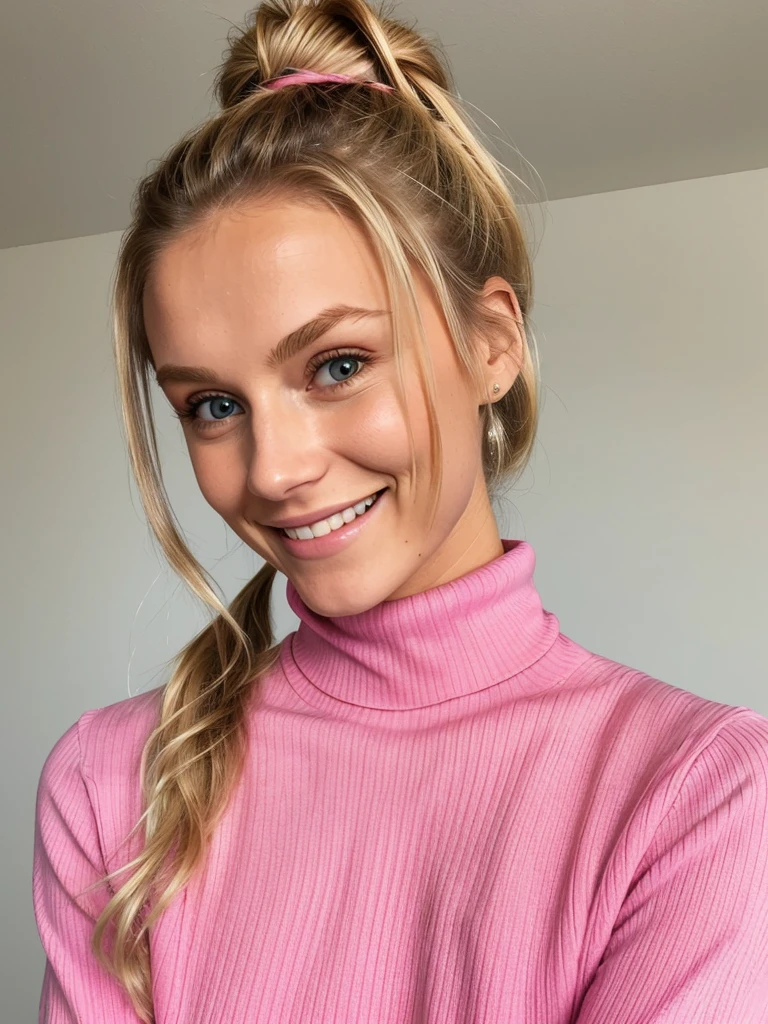 photo of a skinny blonde teen submissive wife messy long hair thrown into a messy bun ponytail. She wears: (turtleneck high ribbed bright tight pink sweater:1.1), submissive seductive pose, high tight ribbed neck, seductive smile, perfect fake tits, turtleneck top