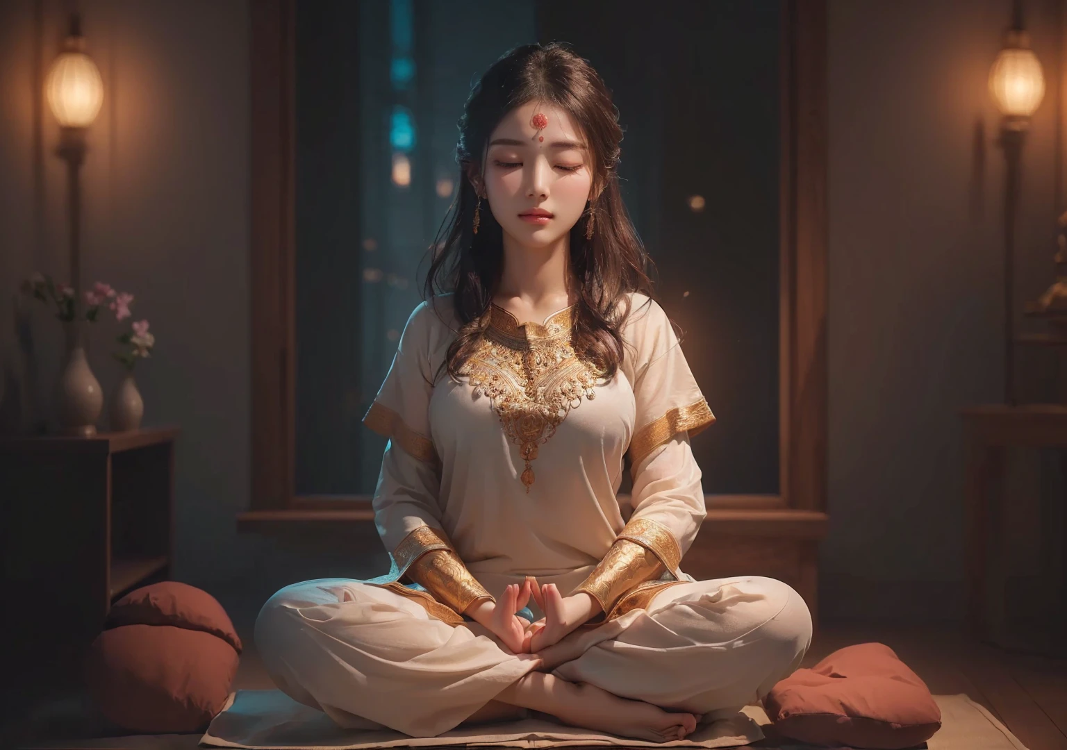 (((meditation))) Real women, meditation, Both hands in the posture of taking medicine, Just relax, (Detailed facial features), Intricately detailed background, Dreamy, Art Station Trend, Ultra high quality, 8K, atmosphere, brightness, Front lighting,