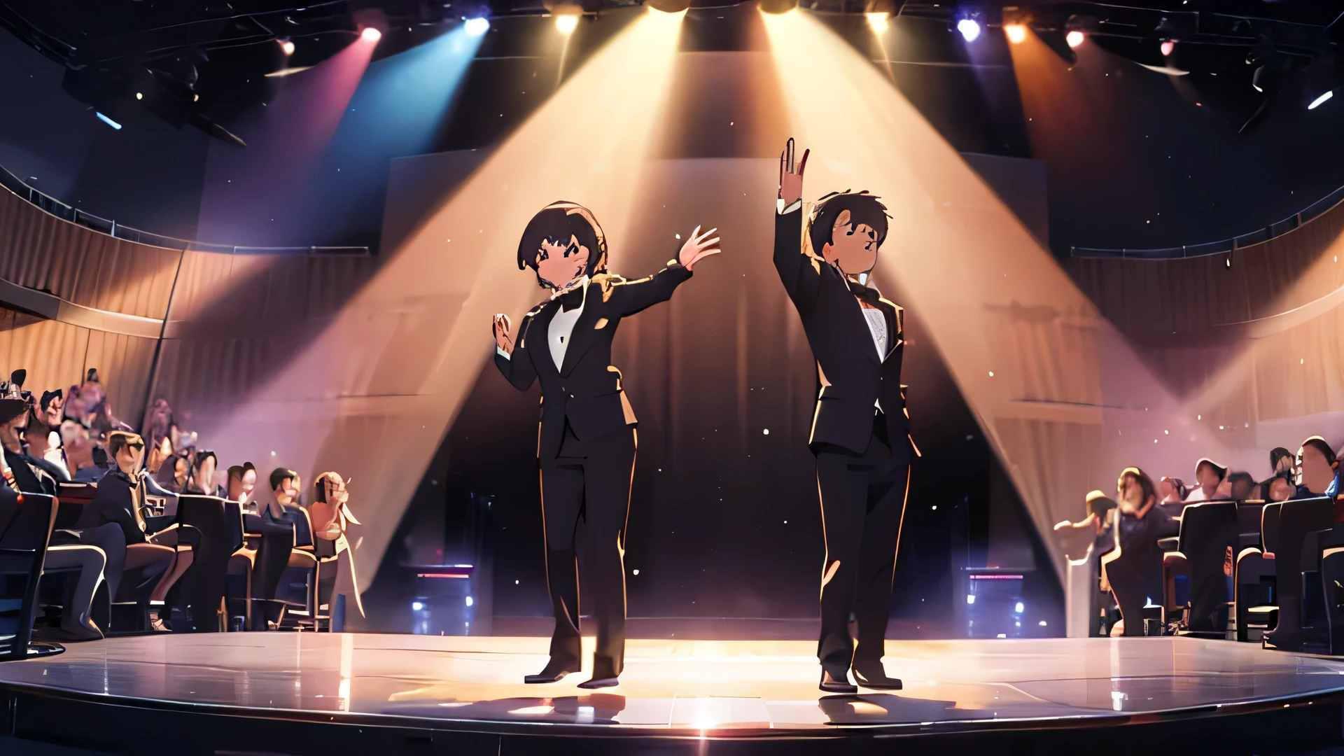 Two comedians stand in the center of the stage, waving under the spotlight in a packed theater.、Suit and bow tie、Draw the whole stage and the audience