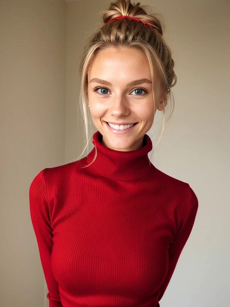 photo of a skinny blonde submissive wife messy long hair thrown into a messy bun ponytail. She wears: (turtleneck high ribbed bright tight red sweater:1.1), submissive seductive pose, high tight ribbed neck, seductive smile, perfect fake tits, turtleneck top