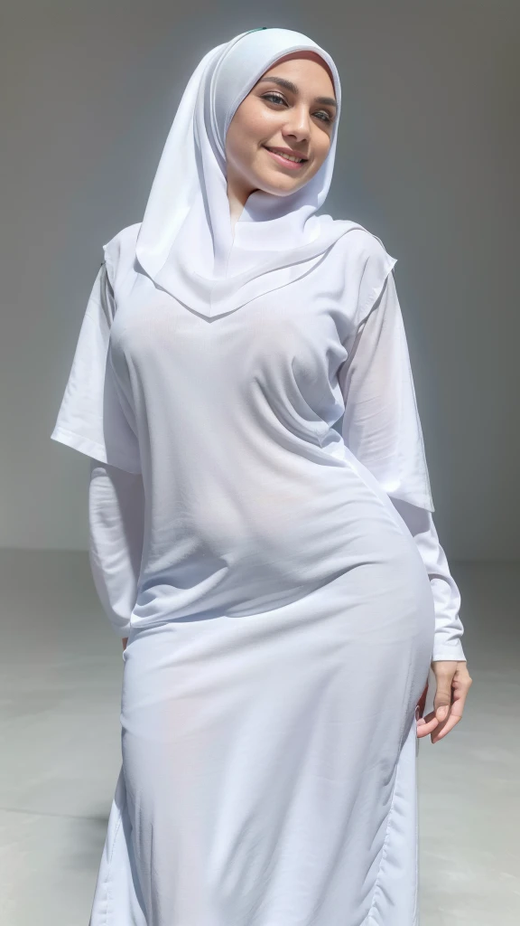 (8K, Raw photography, top-quality, masterpiece:1.2), ultra-details art, a high resolution, (Photorealsitic, Photorealistic photography:1.37), High Detail RAW Color Photography, professional photograpy, extremely delicate and beautiful, highly detailed, 8K Picture Wallpaper, amazing and detailed detail, huge filesize, Official art, Highly detailed CG Unity 8K wallpapers, Very detailed beautiful woman, extra detailed face, extremely detailed eyes, highly detailed eyebrow, highly detail skin, extremely detailed fingers, highly detailed nose, highly detail mouth, perfect anatomia, ((highly detailed white and blue background)), detailed ray light, (lighting), detail ray light, (huge breasted:1.1), ((tight body)), (( dress)), ((blue skirt)), ((photo of a women in short white hijab)), ((full body shot)), thick eyebrows, ((looking at viewer)), ((standing)), ((arms crossed)), ((smiling face)), happy face, laughing face, creative upscale, extremely detailed plump thigh