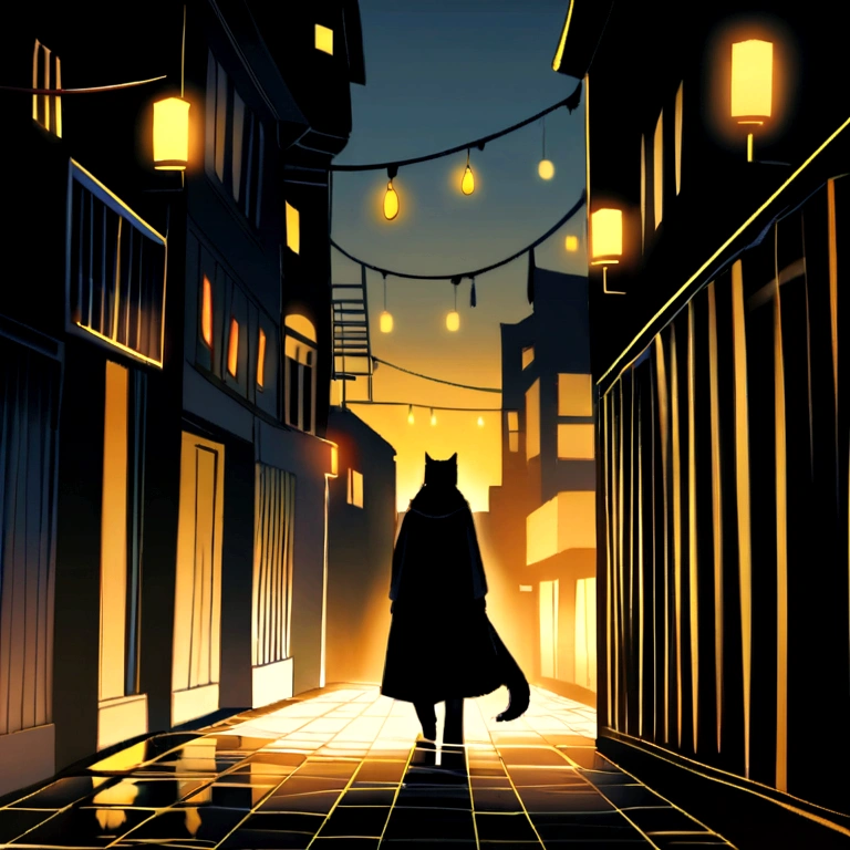 Create a scene, night, On a dark street inspired by the streets of London, Only illuminated by the yellow light of the street lamps in the distance. Wet street tiles,There was mist in the air. The streets were empty, Only two young men stood out. A person wearing white warm clothes、A girl with dark hair and a black warm clothes、Blonde boy. A cat walks along the wall of one of the houses. (The scene needs to have a black vibe)