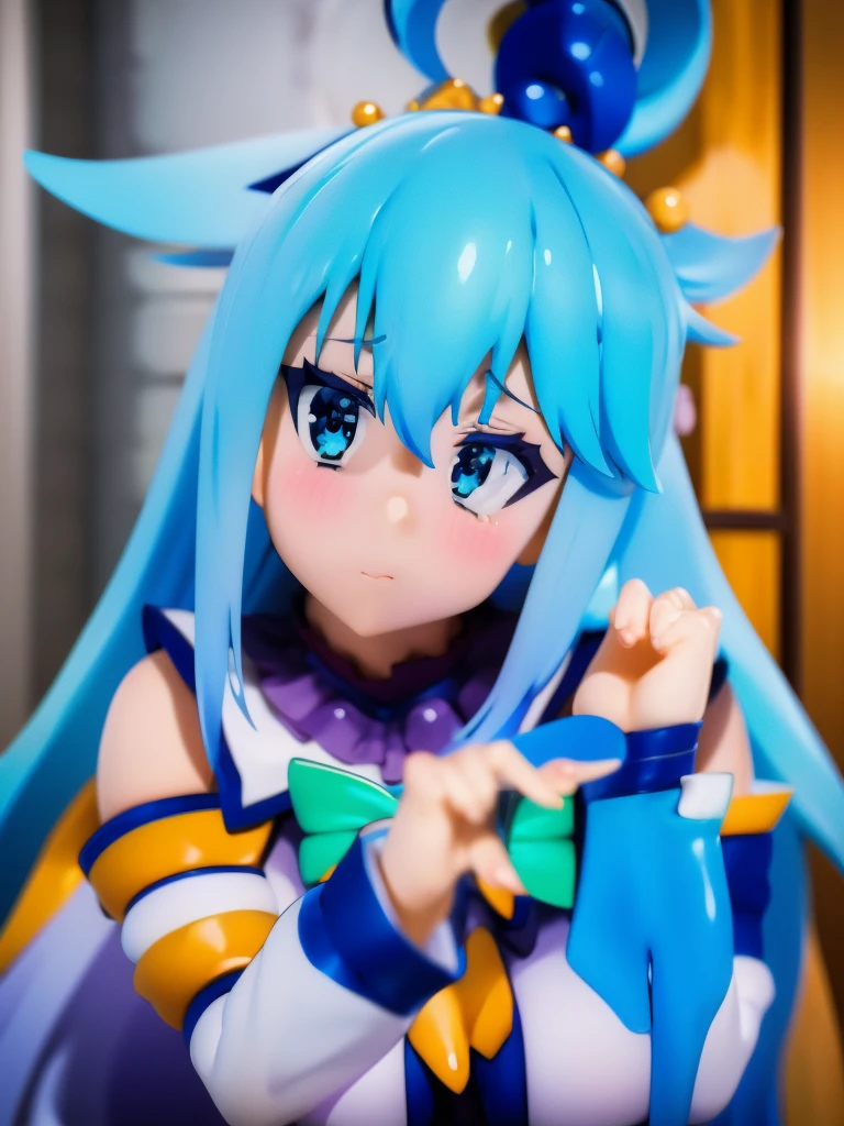 Brilliant picture quality, 8 thousand., high quality, masterpiece:1.2), ((masterpiece)), (high detail, high quality), One, 1 girl, Konosuba ,Water, blue hair, Blue eyes, detailed face, smile, looks at the viewer,masterpiece, Beautiful art, очень detailed face, detailed hair, detailed clothing, detailed fabric, Beautiful face, i am standing, Leaning over, big breasts, mid thighs, confusion