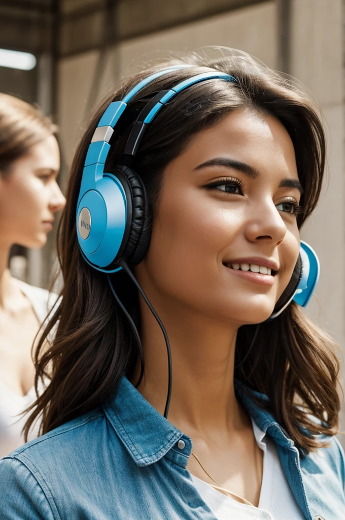 A picture with a Women with headset in the center.