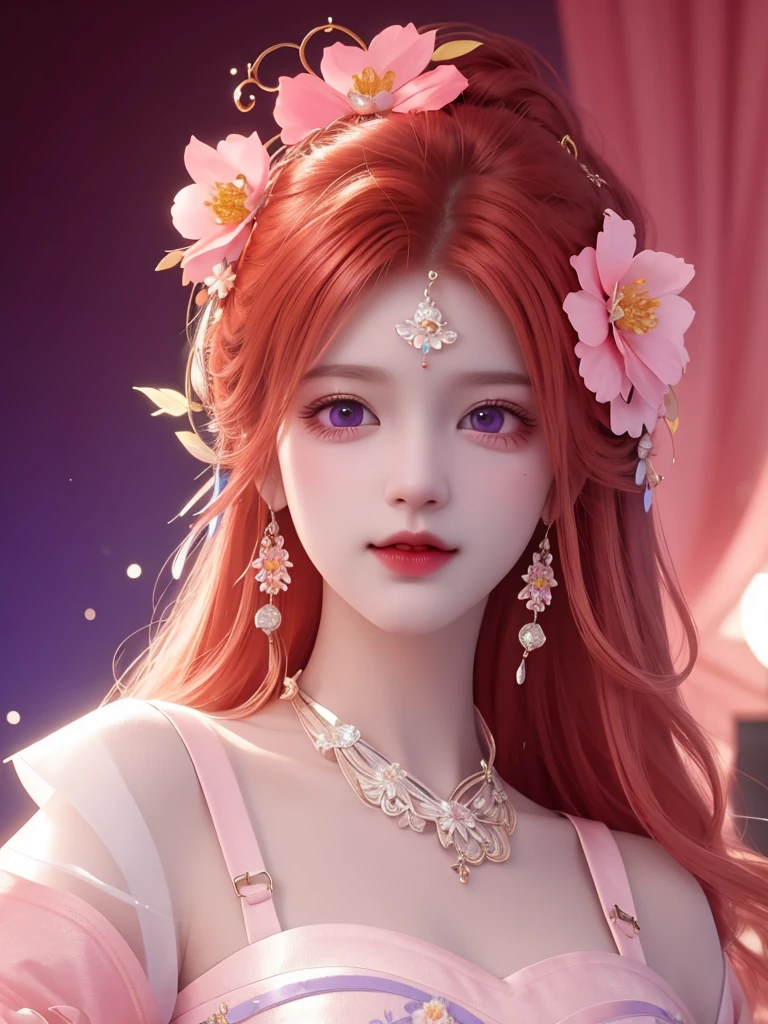 best quality, masterpiece, High target, There is a girl with a basket of flowers on her head, beautiful clothes, Hair Decorationss, necklace, Decorations, Pretty Face, When the body, Tyndall effect, Realistic Portraits, Edge lighting, Two-color light, (Very delicate skin:1.2), 8K uhd, Digital SLR Camera, Soft Light, high quality, Volumetric Lighting, Honest, photo, high resolution, 4K, 8K, Bokeh, Orange-red hair，purple hair ends, Pink Eyes.