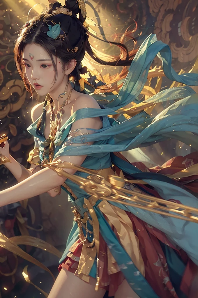 (original photo, best quality), (actual, photo-actual:1.3),best quality,Very detailed,masterpiece,Super detailed,illustration,1 girl,superior_Body,dynamic angle,world masterpiece theater,messy_long_hair,best quality,Extremely detailed CG unified 8k wallpaper,ink,Astonishing,Cinema lighting,lens_flare,,Dunhuang_style