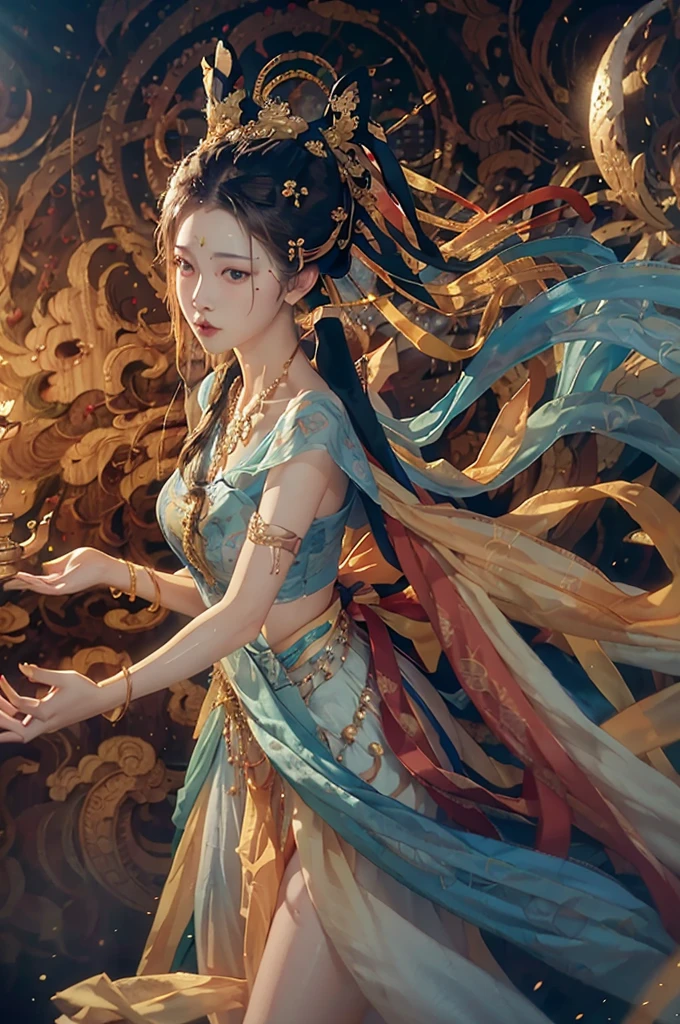 (original photo, best quality), (actual, photo-actual:1.3),best quality,Very detailed,masterpiece,Super detailed,illustration,1 girl,superior_Body,dynamic angle,world masterpiece theater,messy_long_hair,best quality,Extremely detailed CG unified 8k wallpaper,ink,Astonishing,Cinema lighting,lens_flare,,Dunhuang_style